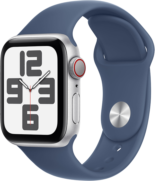 Apple Watch SE GPS + Cellular 40mm Aluminiumboett i Silver  •  Sportband Denim - S/M Apple Watch SE GPS + Cellular 40mm Aluminiumboett i Silver  •  Sportband Denim - S/M