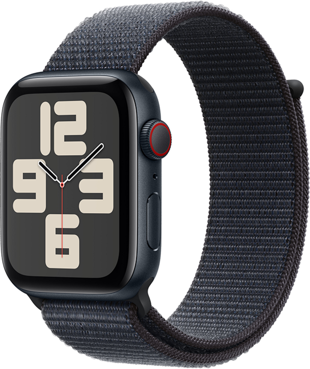 Apple Watch SE GPS + Cellular 44mm Aluminiumboett i Midnatt  •  Sportloop Svartlila Apple Watch SE GPS + Cellular 44mm Aluminiumboett i Midnatt  •  Sportloop Svartlila