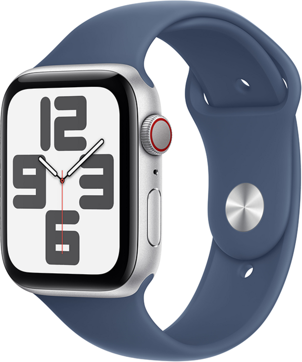 Apple Watch SE GPS + Cellular 44mm Aluminiumboett i Silver  •  Sportband Denim - S/M Apple Watch SE GPS + Cellular 44mm Aluminiumboett i Silver  •  Sportband Denim - S/M
