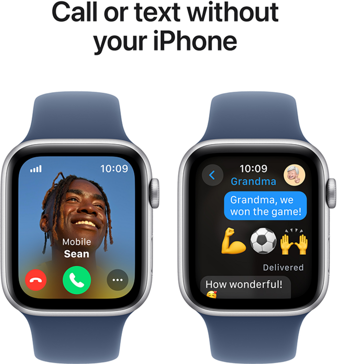 Apple Watch SE GPS + Cellular 44mm Aluminiumboett i Silver  •  Sportband Denim - S/M Apple Watch SE GPS + Cellular 44mm Aluminiumboett i Silver  •  Sportband Denim - S/M