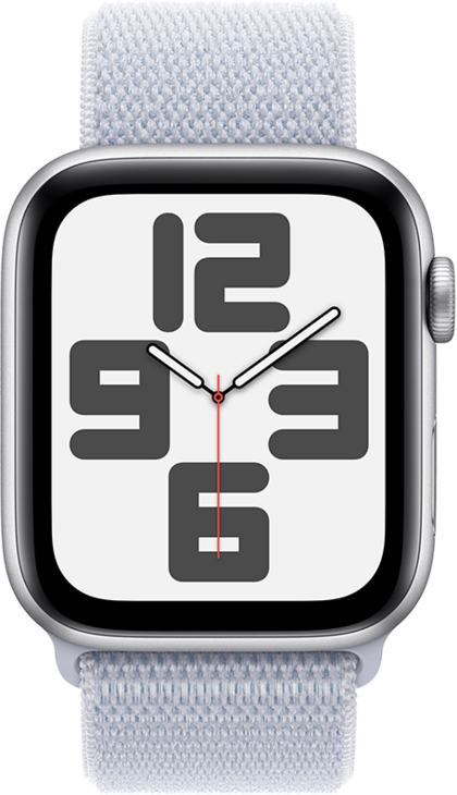 Apple Watch SE GPS + Cellular 44mm Aluminiumboett i Silver  •  Sportloop Dimblå Apple Watch SE GPS + Cellular 44mm Aluminiumboett i Silver  •  Sportloop Dimblå