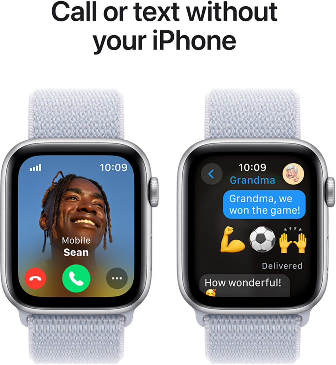 Apple Watch SE GPS + Cellular 44mm Aluminiumboett i Silver  •  Sportloop Dimblå Apple Watch SE GPS + Cellular 44mm Aluminiumboett i Silver  •  Sportloop Dimblå