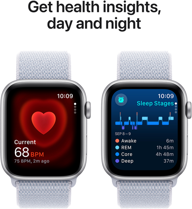 Apple Watch SE GPS + Cellular 44mm Aluminiumboett i Silver  •  Sportloop Dimblå Apple Watch SE GPS + Cellular 44mm Aluminiumboett i Silver  •  Sportloop Dimblå