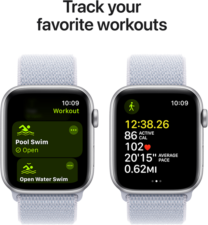 Apple Watch SE GPS + Cellular 44mm Aluminiumboett i Silver  •  Sportloop Dimblå Apple Watch SE GPS + Cellular 44mm Aluminiumboett i Silver  •  Sportloop Dimblå