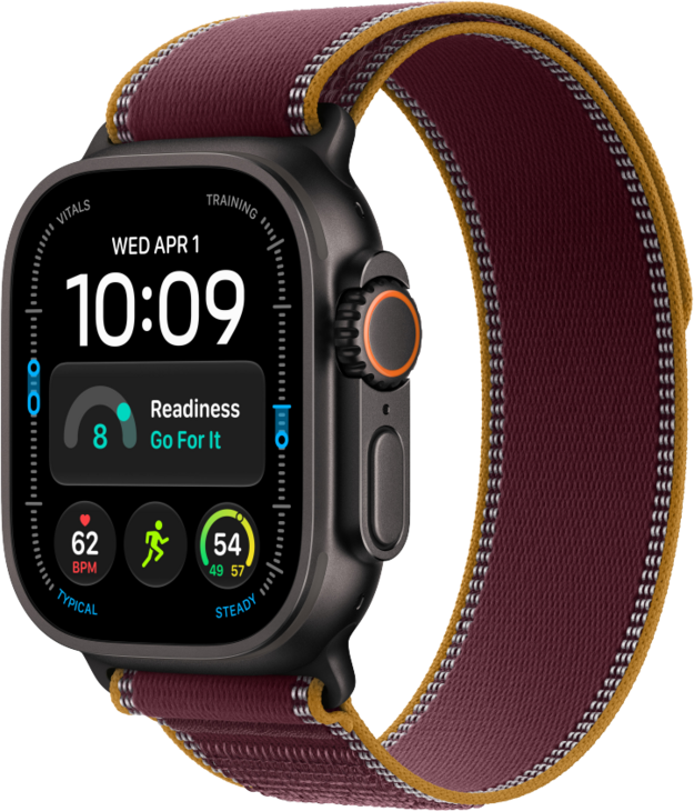 Apple Watch Ultra 4 med Titanboett Svart &bull; Terr&auml;ngloop Bourgogne - M/L