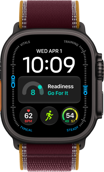Apple Watch Ultra 4 med Titanboett Svart &bull; Terr&auml;ngloop Bourgogne - M/L