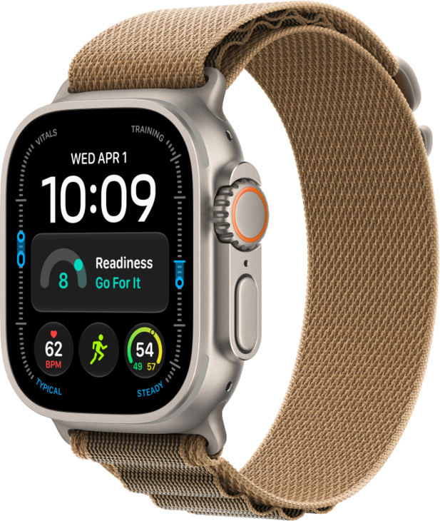 Apple Watch Ultra 4 med Titanboett Naturlig &bull; Bergsloop &Ouml;kensand - Medium
