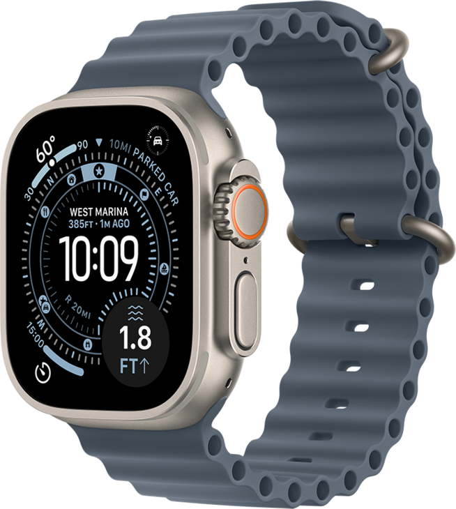 Apple Watch Ultra 3 med Titanboett Naturlig • Havsband Ankarblå Apple Watch Ultra 3 med Titanboett Naturlig • Havsband Ankarblå