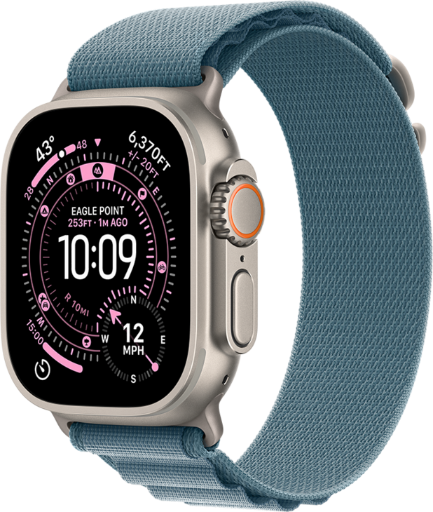 Apple Watch Ultra 3 med Titanboett Naturlig • Bergsloop Ljusblå - Large Apple Watch Ultra 3 med Titanboett Naturlig • Bergsloop Ljusblå - Large