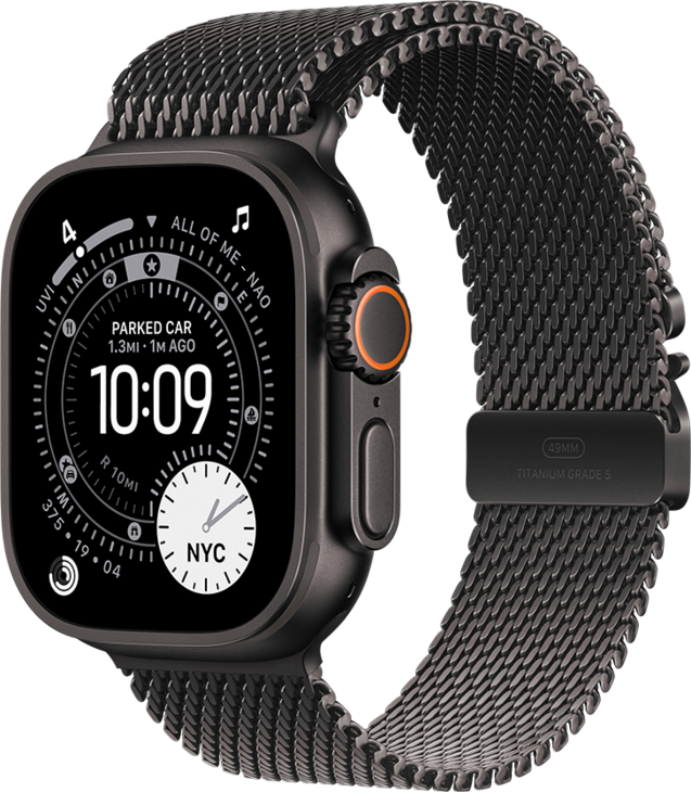 Apple Watch Ultra 3 med Titanboett Svart • Milanesisk loop i titan Svart - Small Apple Watch Ultra 3 med Titanboett Svart • Milanesisk loop i titan Svart - Small