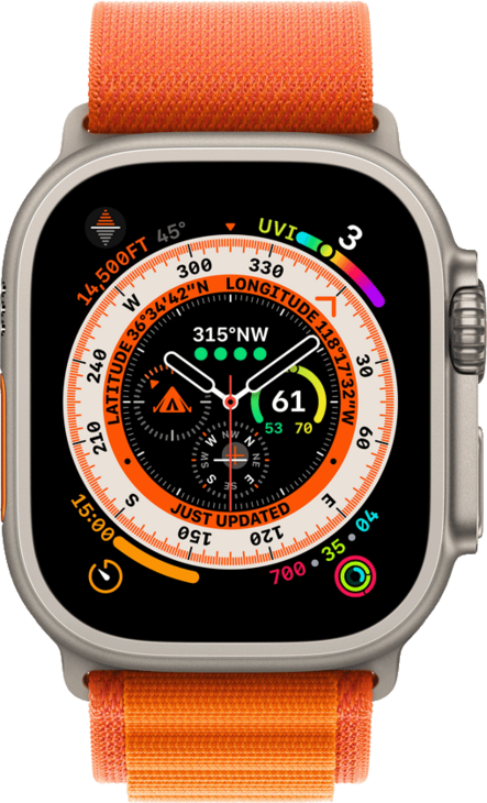 Apple Watch Ultra, 49mm Titanboett • Bergsloop Orange - Medium Apple Watch Ultra, 49mm Titanboett • Bergsloop Orange - Medium