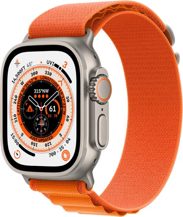 Apple Watch Ultra, 49mm Titanboett • Bergsloop Orange - Medium Apple Watch Ultra, 49mm Titanboett • Bergsloop Orange - Medium