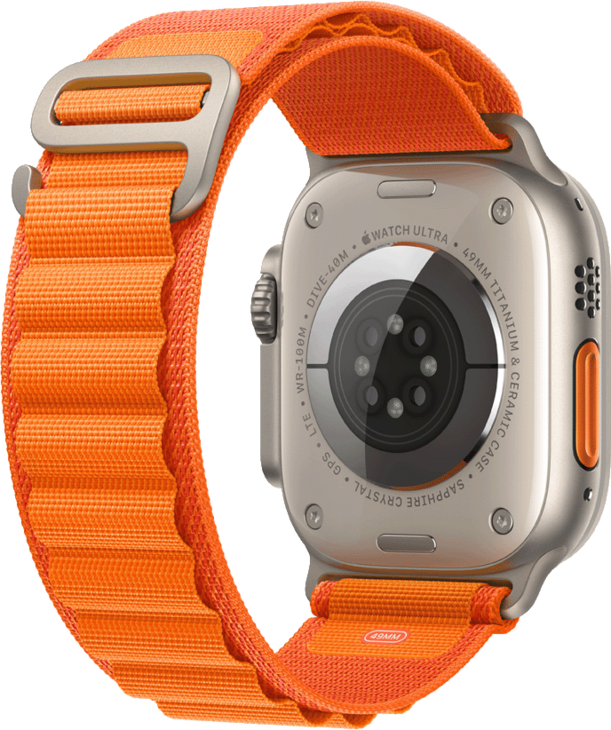 Apple Watch Ultra, 49mm Titanboett • Bergsloop Orange - Medium Apple Watch Ultra, 49mm Titanboett • Bergsloop Orange - Medium