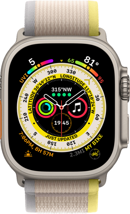 Apple Watch Ultra, 49mm Titanboett • Terrängloop Gul/Beige - S/M Apple Watch Ultra, 49mm Titanboett • Terrängloop Gul/Beige - S/M