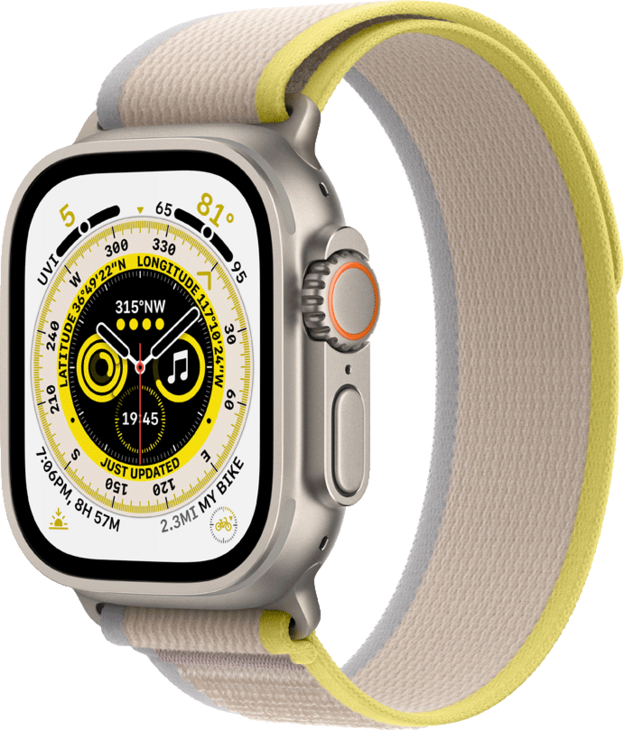 Apple Watch Ultra, 49mm Titanboett • Terrängloop Gul/Beige - S/M Apple Watch Ultra, 49mm Titanboett • Terrängloop Gul/Beige - S/M