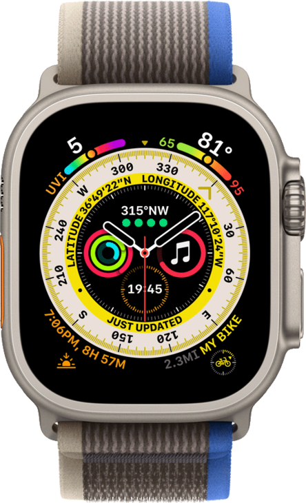 Apple Watch Ultra, 49mm Titanboett • Terrängloop Blå/Grå - M/L Apple Watch Ultra, 49mm Titanboett • Terrängloop Blå/Grå - M/L