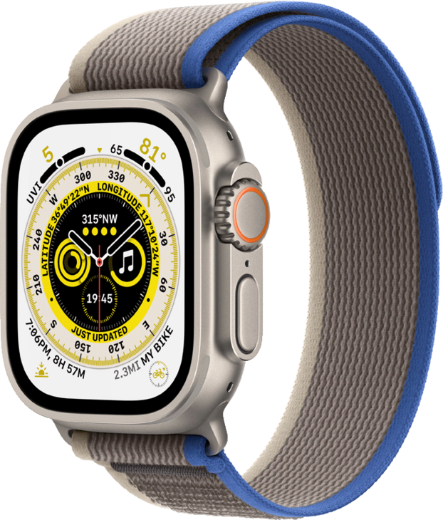 Apple Watch Ultra, 49mm Titanboett • Terrängloop Blå/Grå - M/L Apple Watch Ultra, 49mm Titanboett • Terrängloop Blå/Grå - M/L