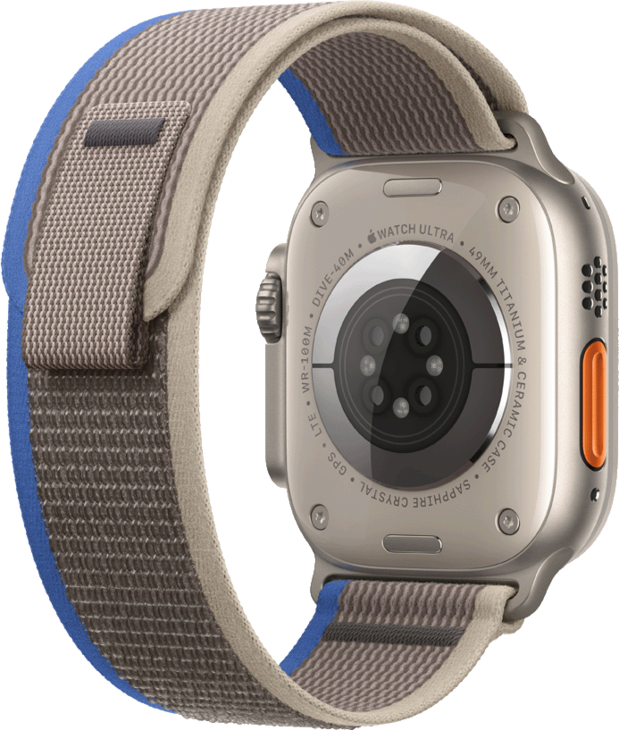 Apple Watch Ultra, 49mm Titanboett • Terrängloop Blå/Grå - M/L Apple Watch Ultra, 49mm Titanboett • Terrängloop Blå/Grå - M/L