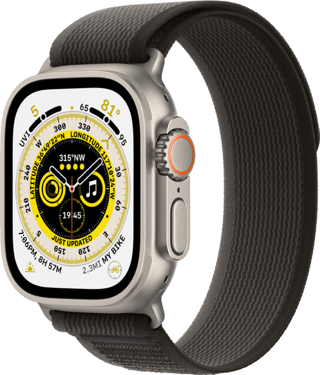 Apple Watch Ultra, 49mm Titanboett • Terrängloop Svart/Grå - M/L Apple Watch Ultra, 49mm Titanboett • Terrängloop Svart/Grå - M/L