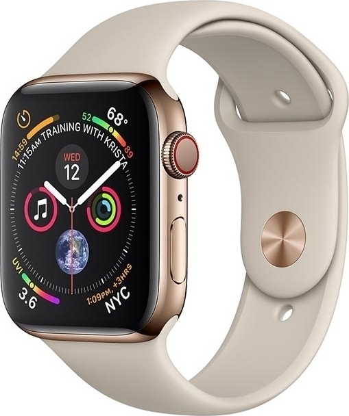 Apple Watch Series 4 GPS + Cellular - 44mm Rostfri stålboett i guld med sportband i sten Apple Watch Series 4 GPS + Cellular - 44mm Rostfri stålboett i guld med sportband i sten