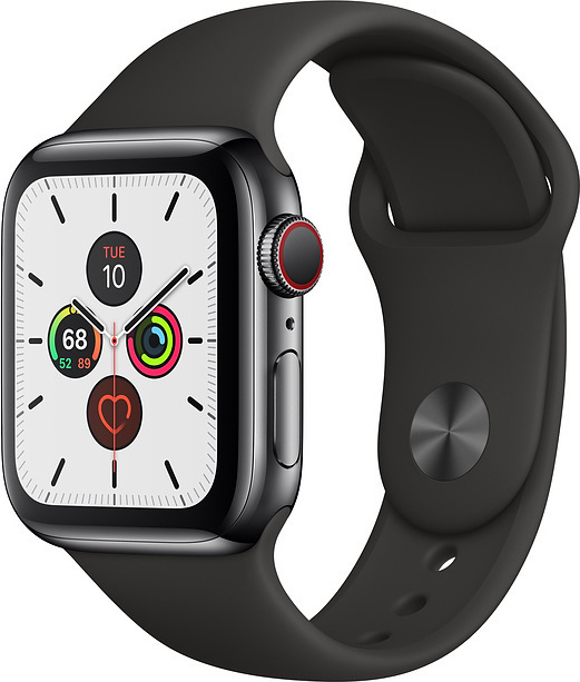 Apple Watch Series 5 GPS + Cellular, 40mm Rostfri stålboett Rymdsvart med svart sportband Apple Watch Series 5 GPS + Cellular, 40mm Rostfri stålboett Rymdsvart med svart sportband