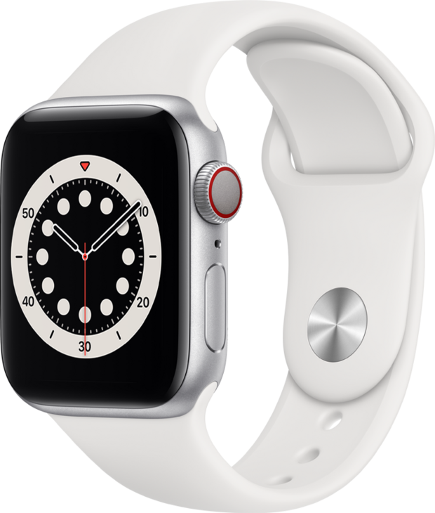 Apple Watch Series 6 GPS + Cellular, 40mm Rostfri Stålboett i Silver med Vitt Sportband Apple Watch Series 6 GPS + Cellular, 40mm Rostfri Stålboett i Silver med Vitt Sportband
