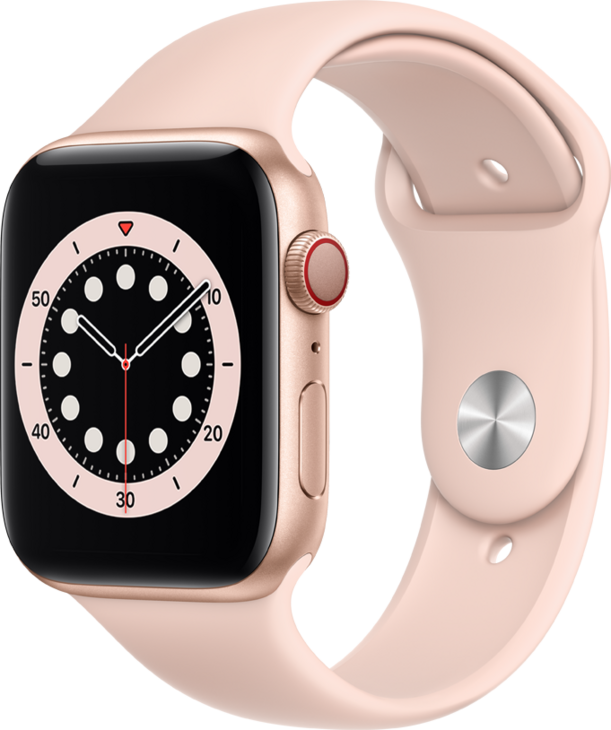 Apple Watch Series 6 GPS + Cellular, 44mm Aluminiumboett i Guld med Sandrosa Sportband Apple Watch Series 6 GPS + Cellular, 44mm Aluminiumboett i Guld med Sandrosa Sportband