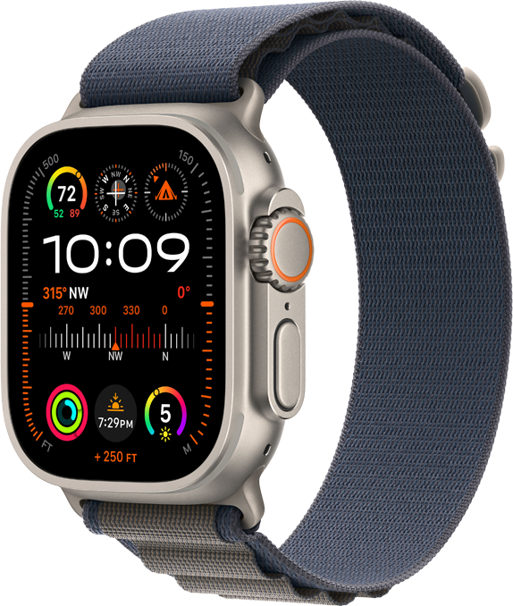 Apple Watch Ultra 2, 49mm Titanboett • Bergsloop Blå - Medium Apple Watch Ultra 2, 49mm Titanboett • Bergsloop Blå - Medium