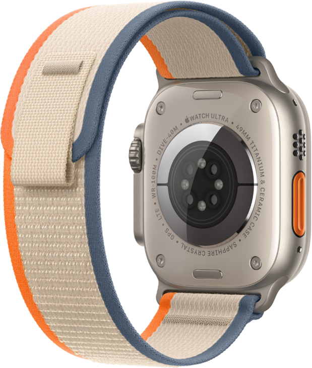 Apple Watch Ultra 2, 49mm Titanboett • Terrängloop Orange/Beige - M/L Apple Watch Ultra 2, 49mm Titanboett • Terrängloop Orange/Beige - M/L