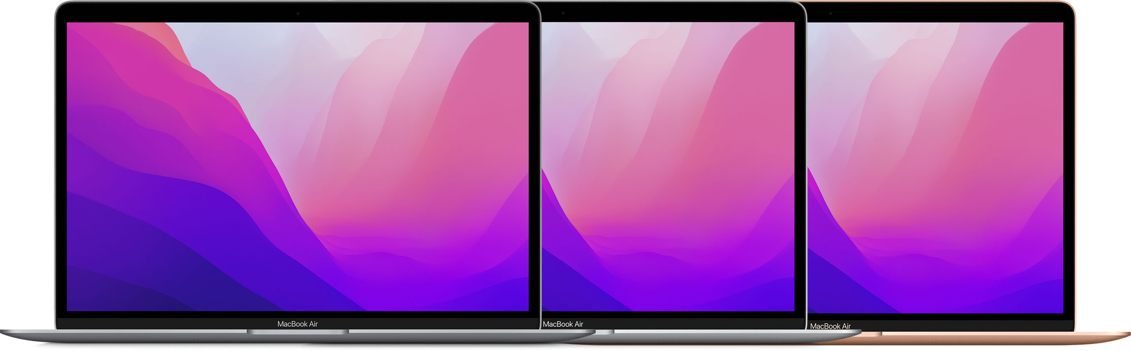 Bild på MacBook Air i färgerna rymdgrå, silver och roséguld