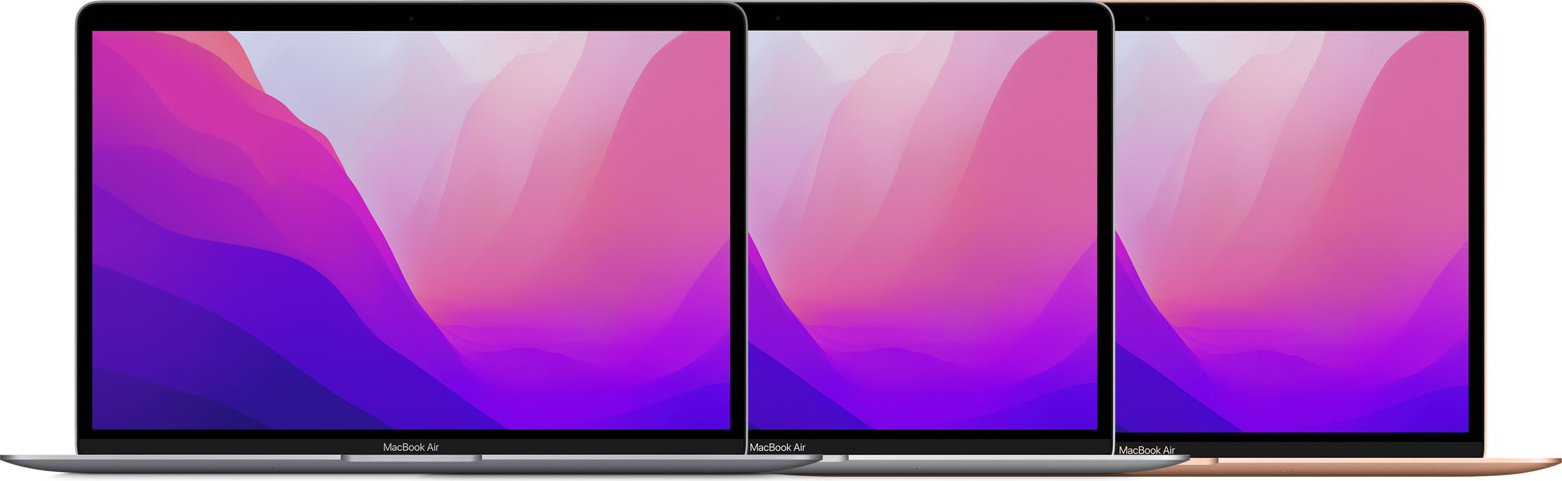 Är MacBook Air för er? Bild på MacBook Air i färgerna rymdgrå, silver och roséguld
